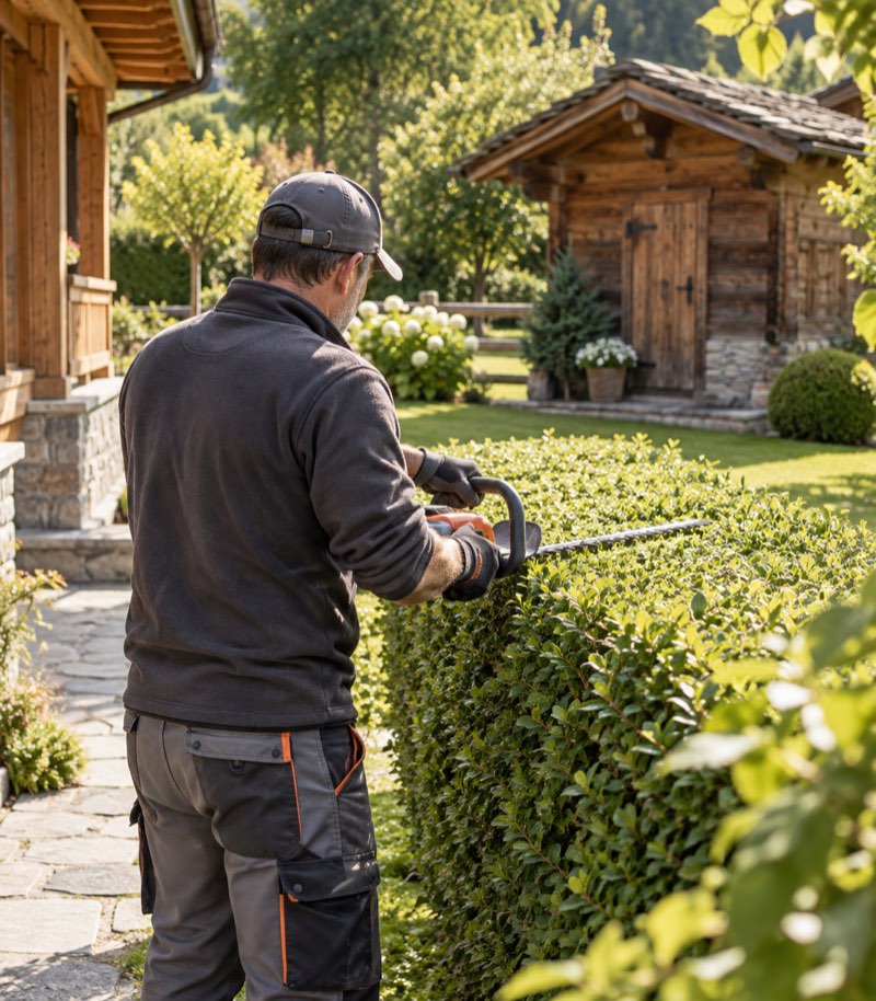 Taille d'une haie devant un chalet de la vallée
